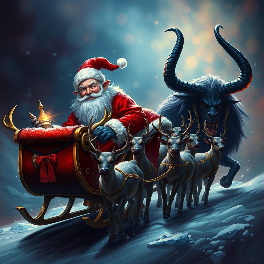 Jolly Old Elf Surrounded by Reindeer and Krampus in Hyperrea...