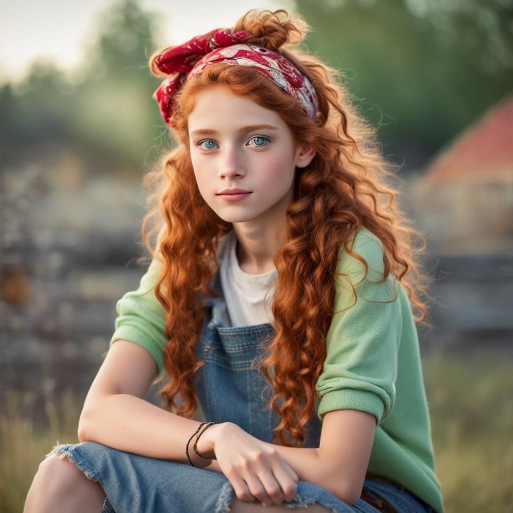 Young Girl with Red Hair, Freckles and Denim Skirt