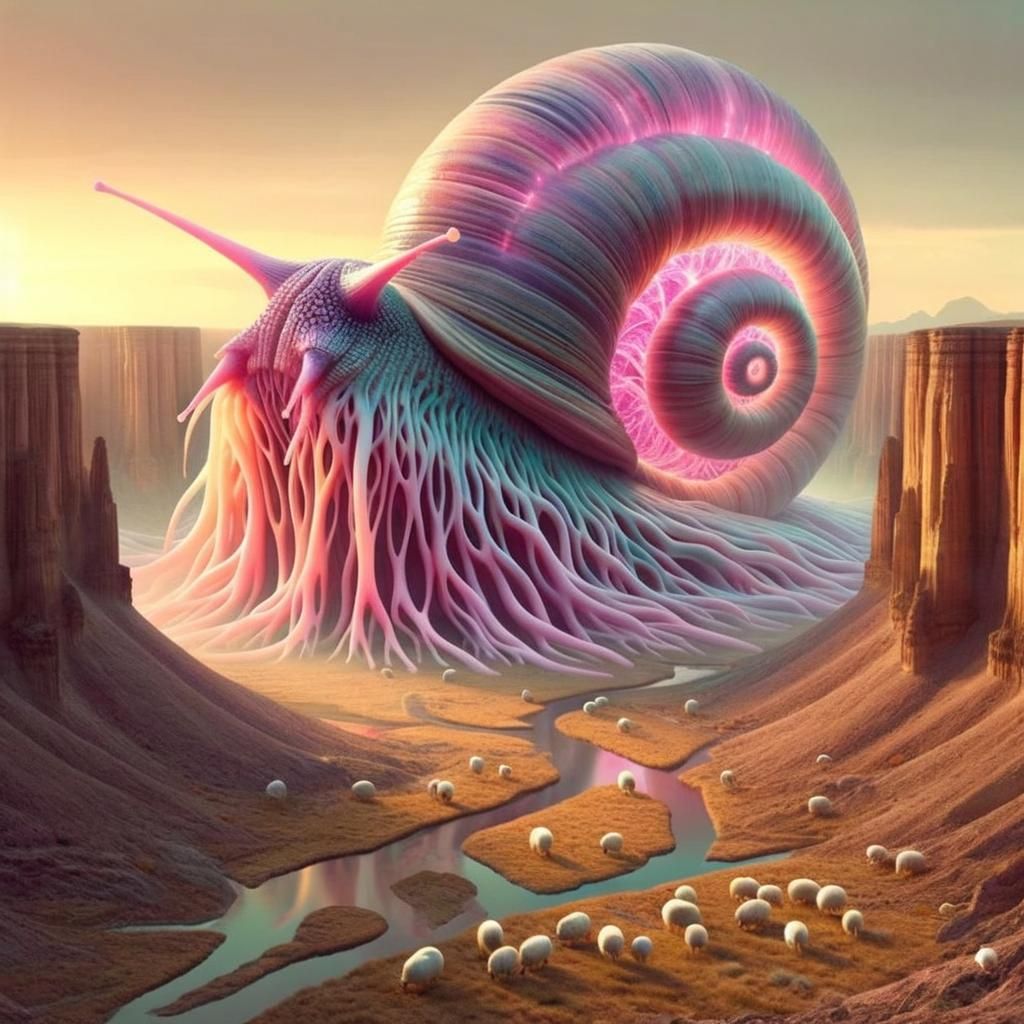 Surreal Landscape with Colossal Neon Snail
