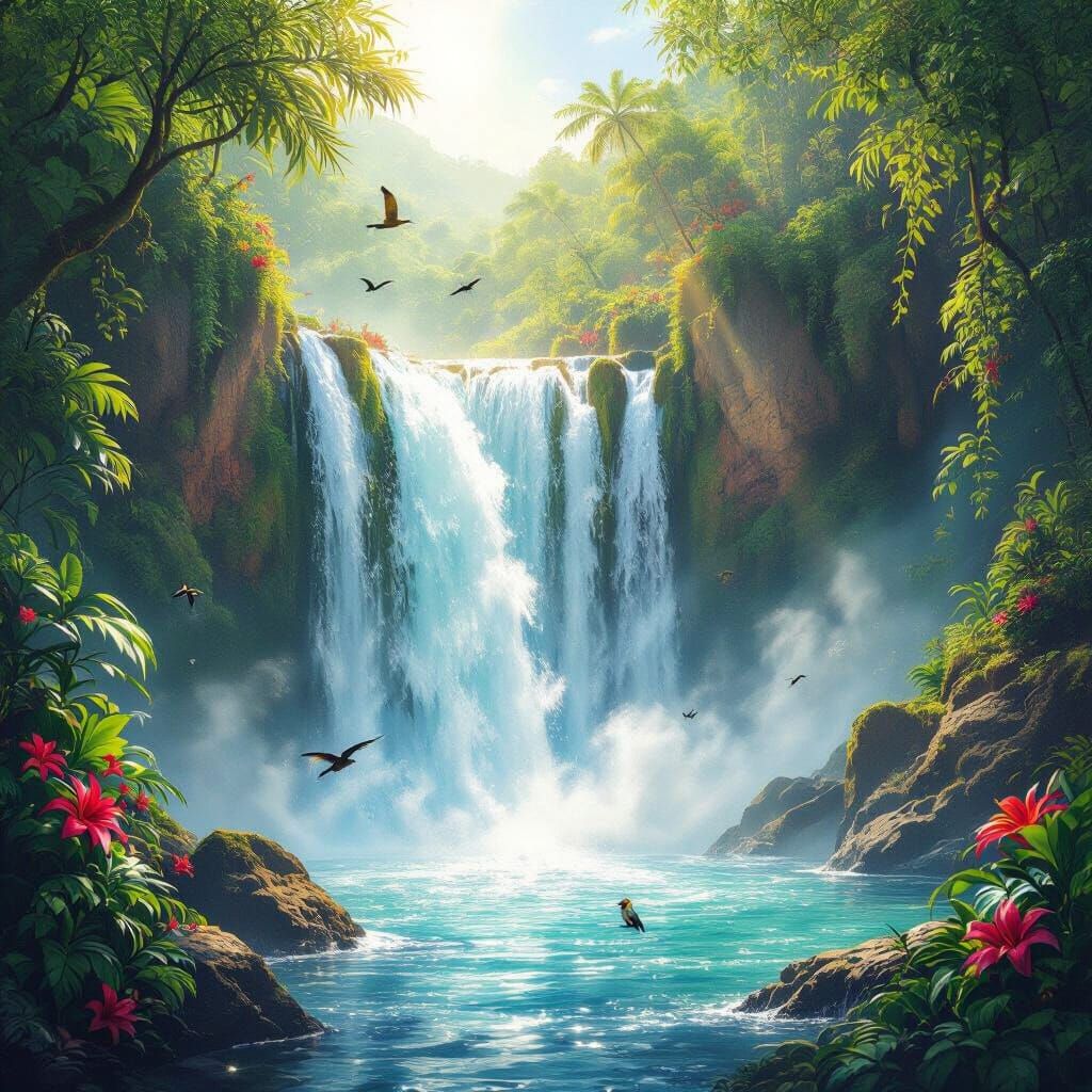 Lush Tropical Waterfall with Prismatic Sunlight