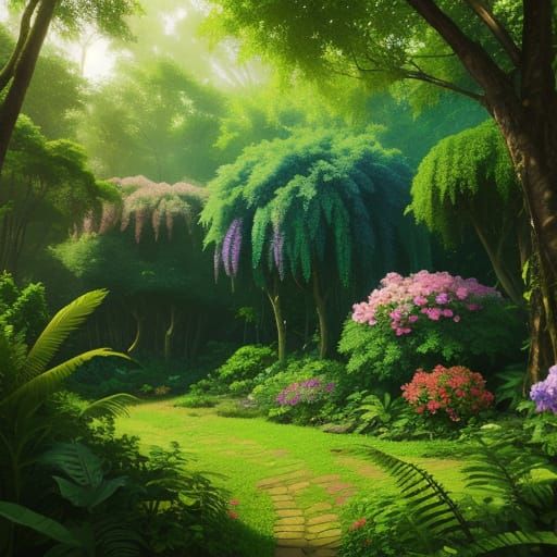 Vibrant Jungle with Oversized Flowers: 3D Rendered Art