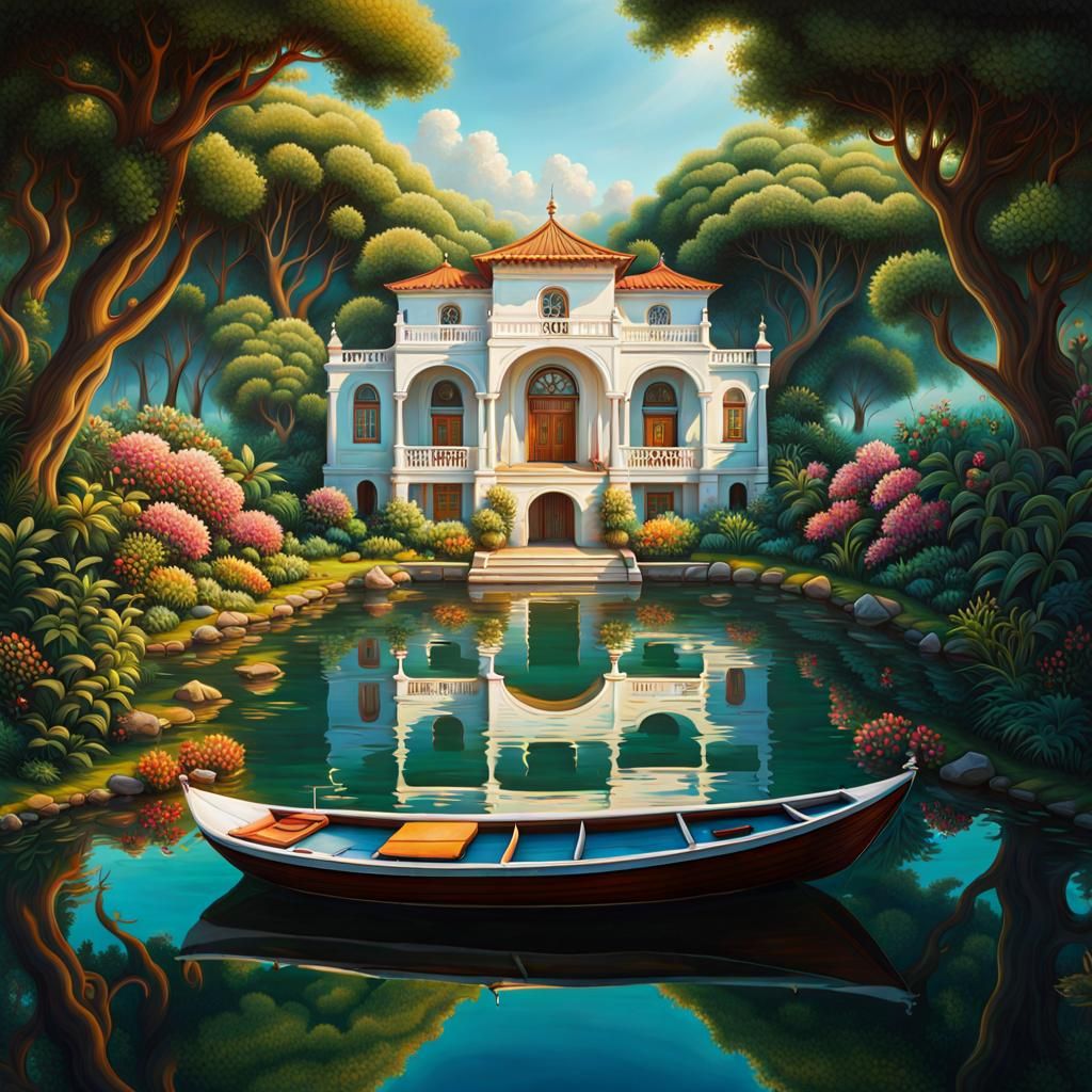 Mediterranean Villa Surrounded by Water in Psychedelic Art