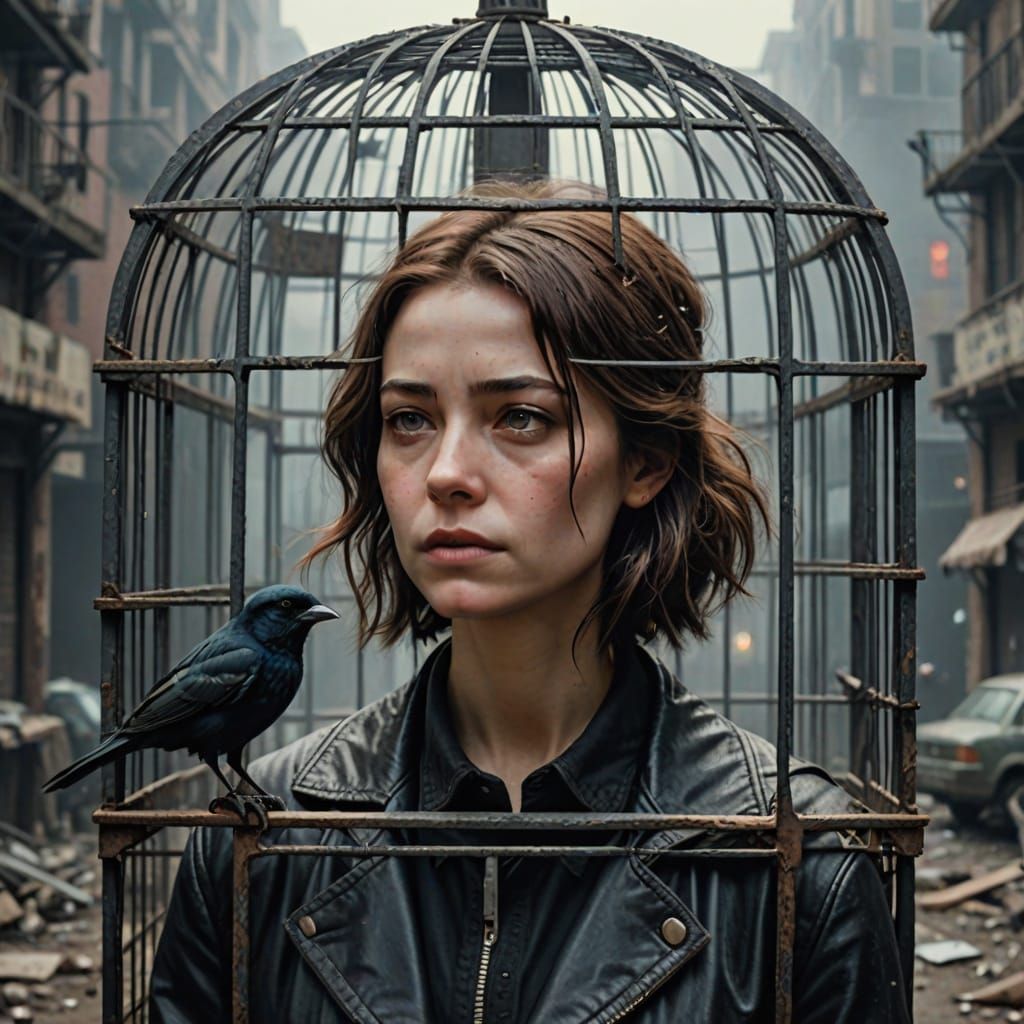Bird Trapped in Dystopian Cage