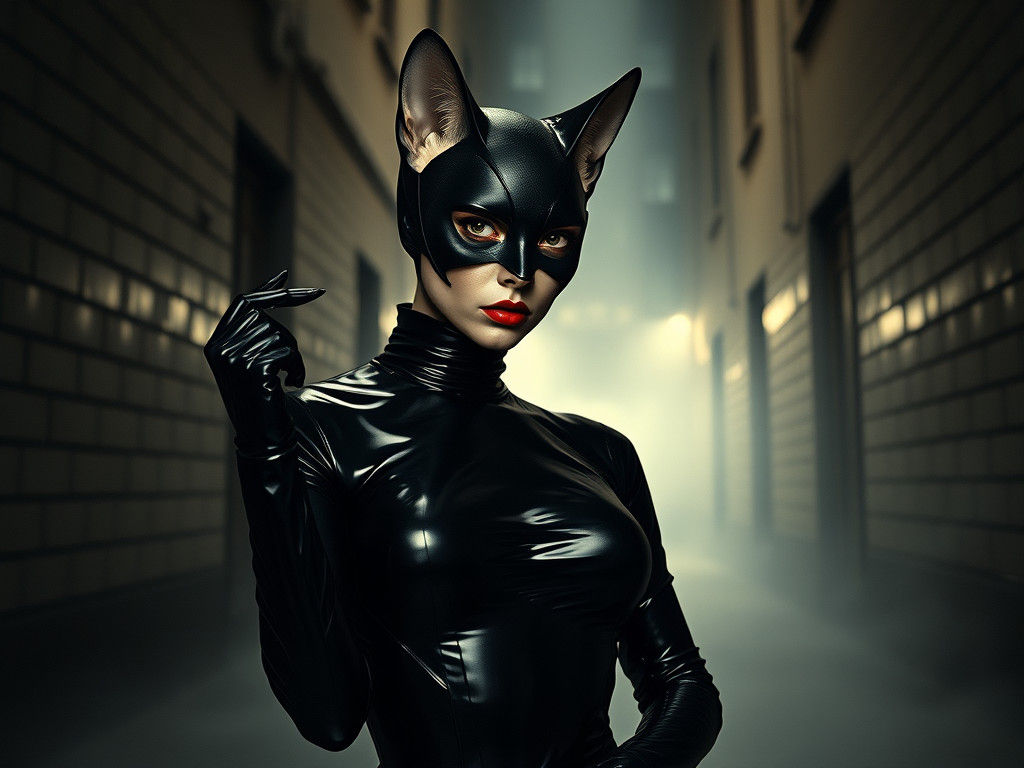 Feline Femme Fatale in Dark Alley: Surrealist Art