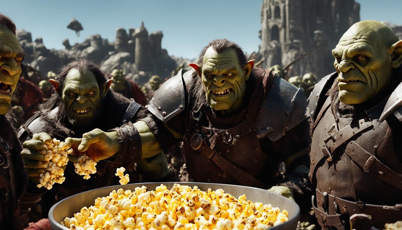 Hyperrealistic Orcs Eating Popcorn, Cinematic Quality