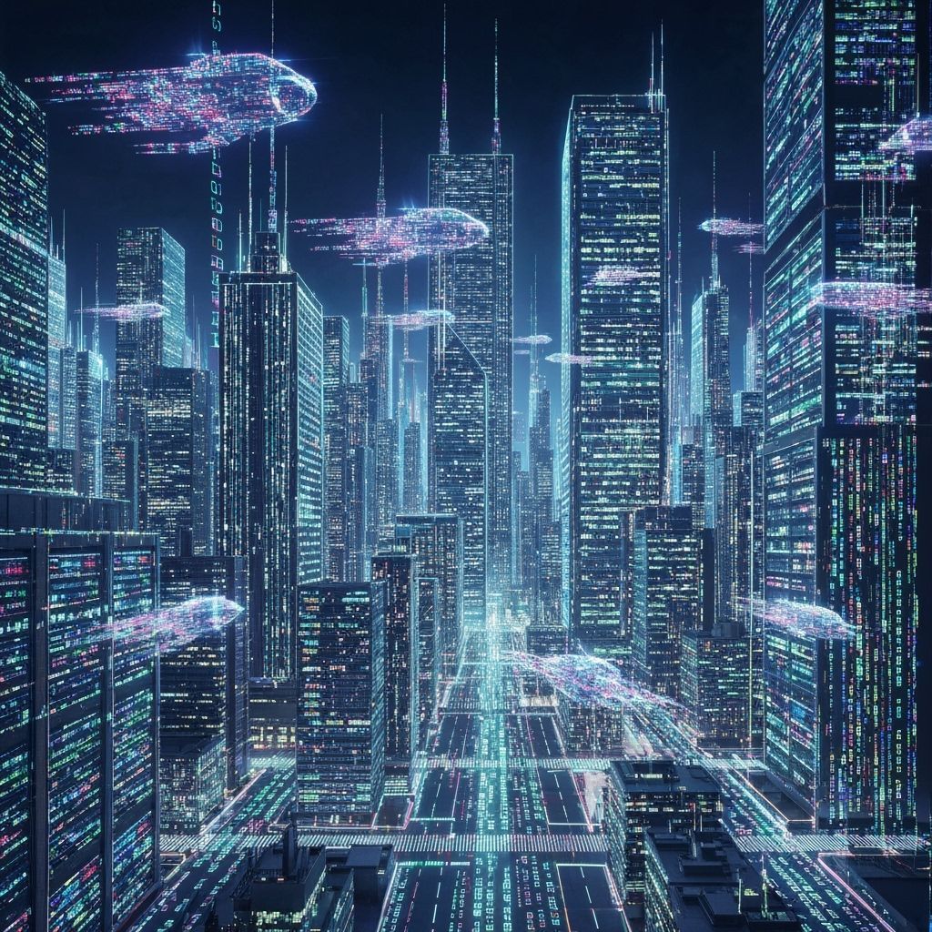Cyberpunk Metropolis of Glowing Code and Data Streams