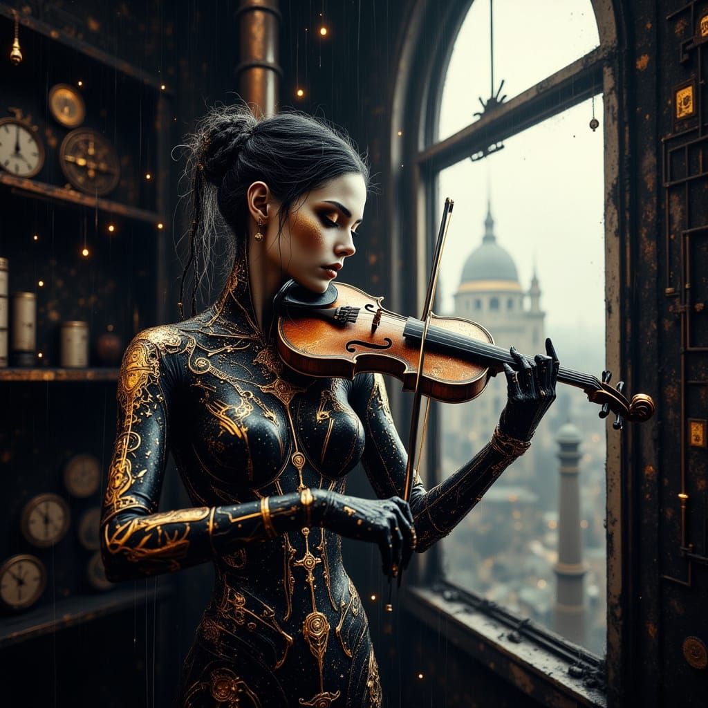 Steampunk Cyborg Violinist in Industrial Setting