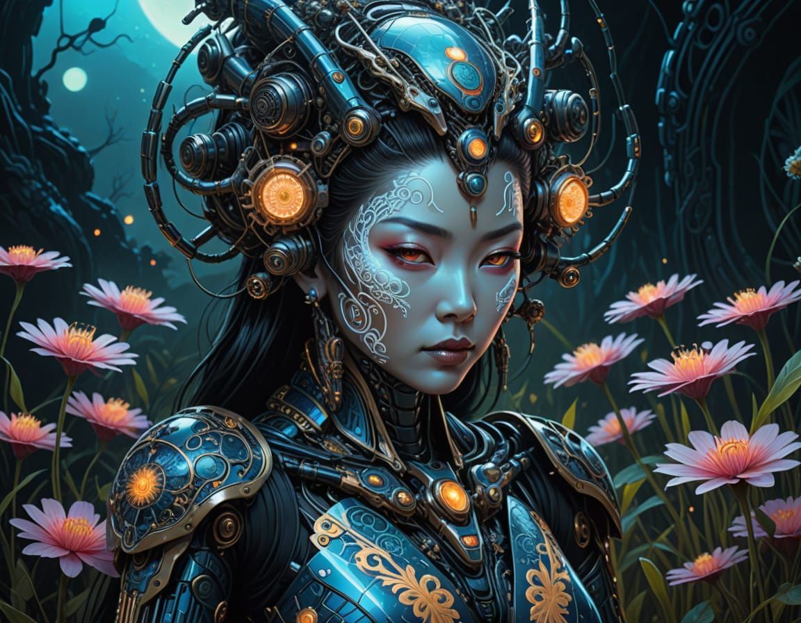 Cyborg Geisha in Bioluminescent Field: Digital Art