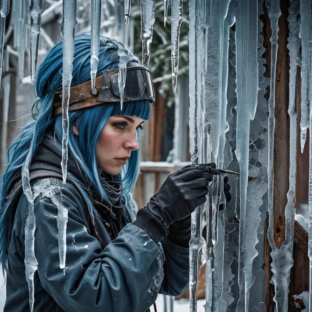 Hyperrealistic Girl Welds Icicles in Frosty Landscape