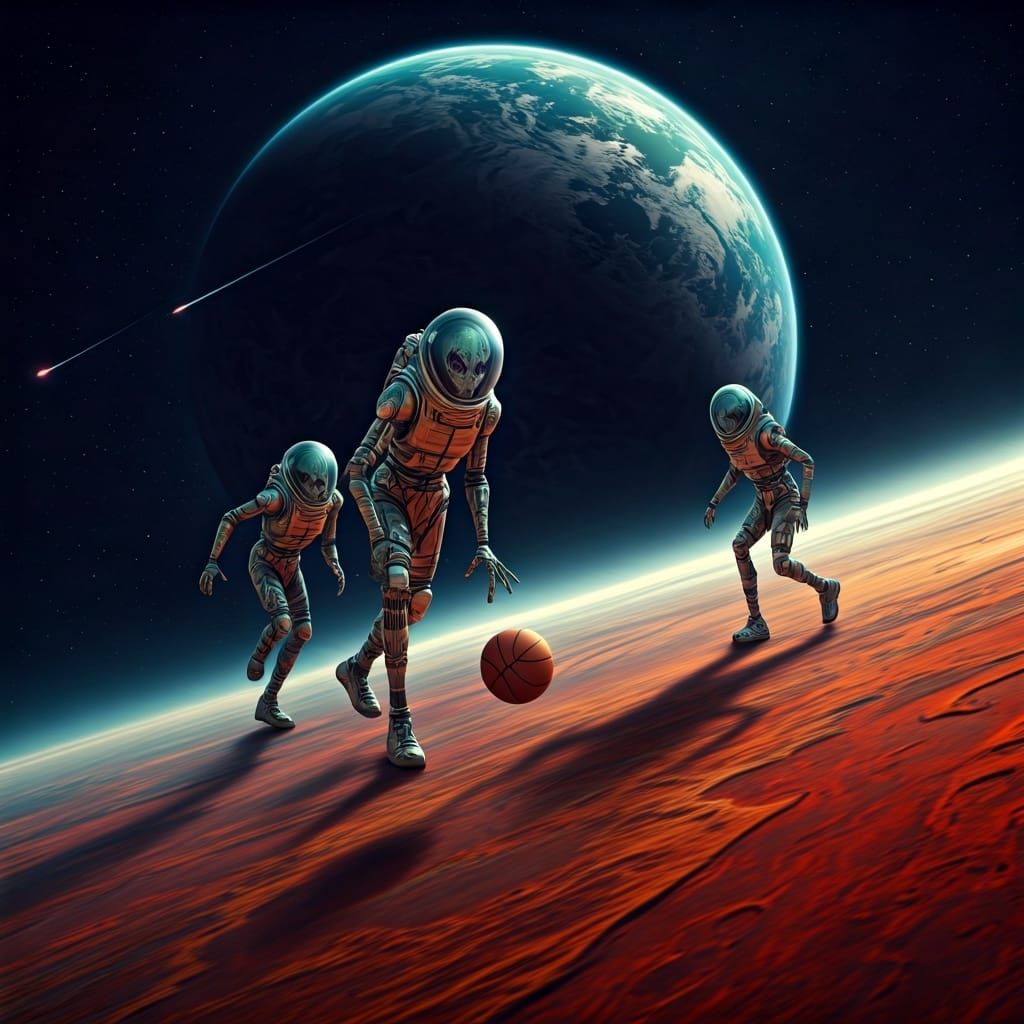 Surreal Alien Basketball Game in Outer Space