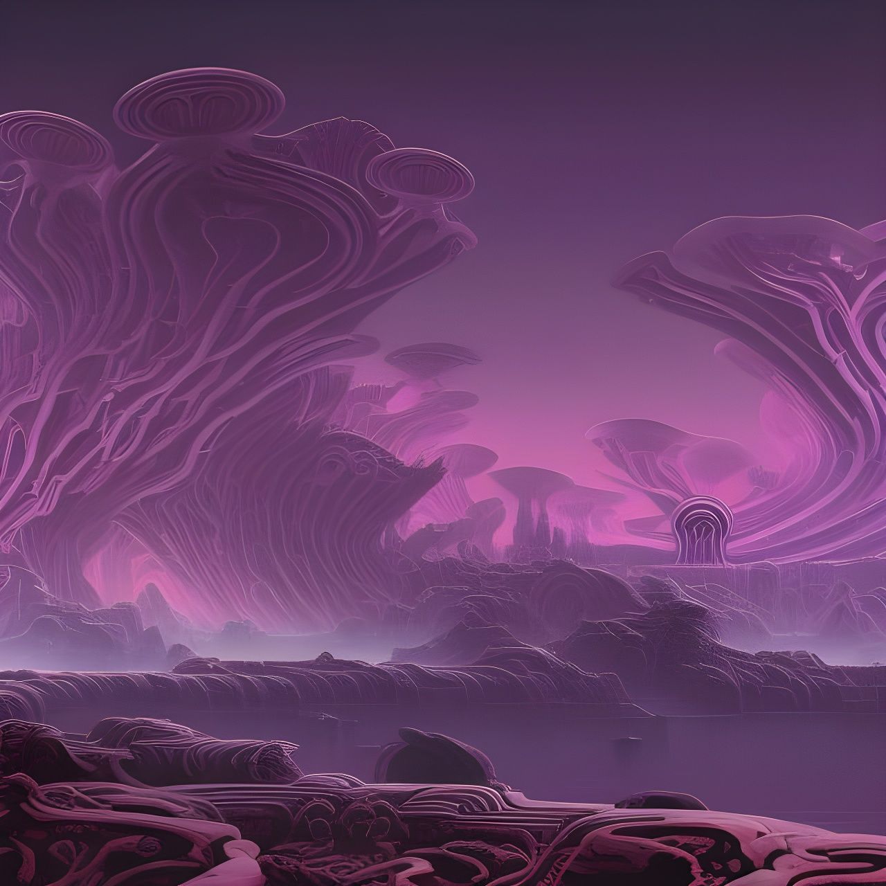 Bioluminescent Biomechanical Alien Palace in Purple