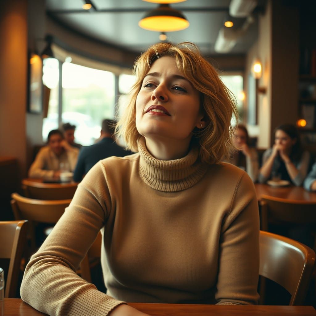 Woman in Cozy Café Scene, Humorous Expression