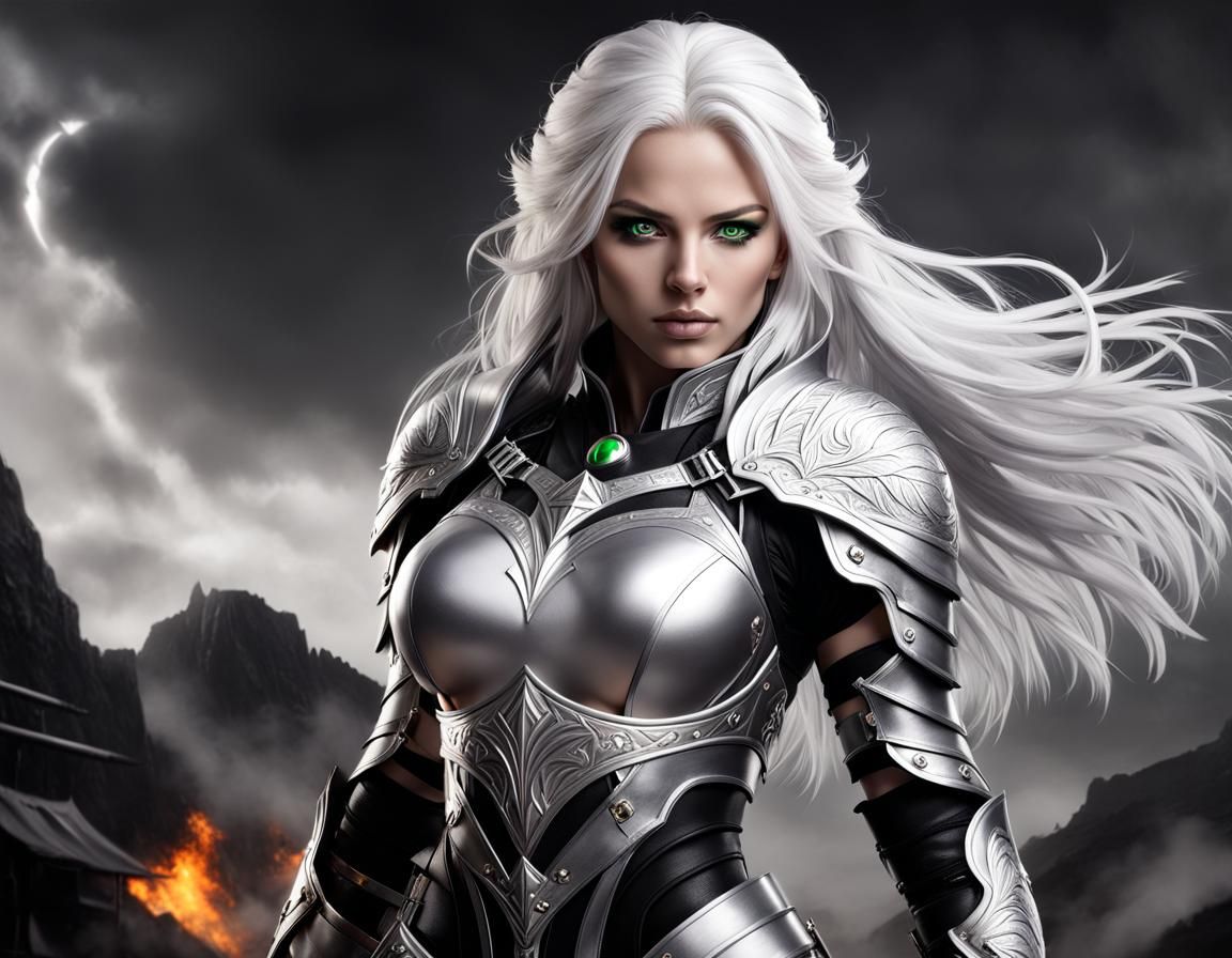 Green-Eyed Warrior Woman in Detailed Action Painting