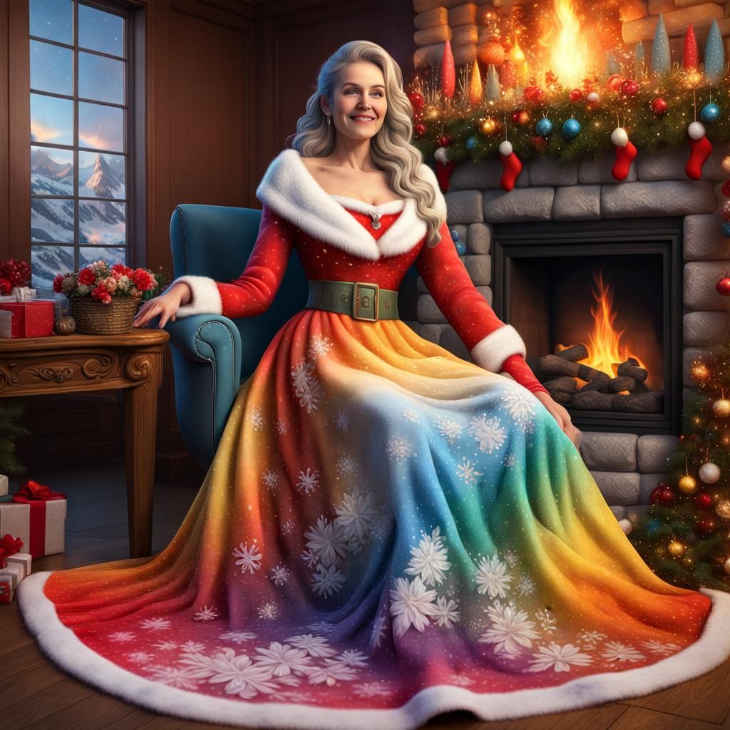 Rainbow Ombre Mrs. Claus by Fireplace