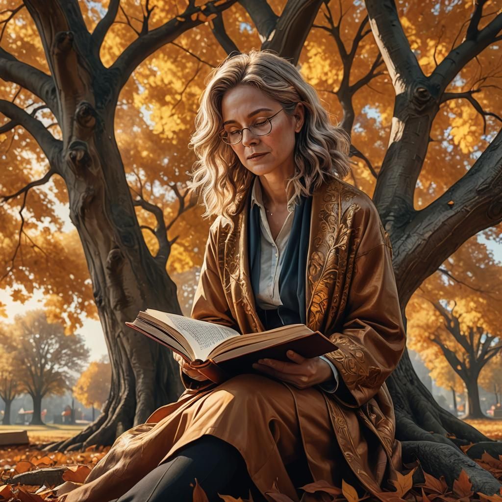 Wise Woman Reading Under Autumn Tree
