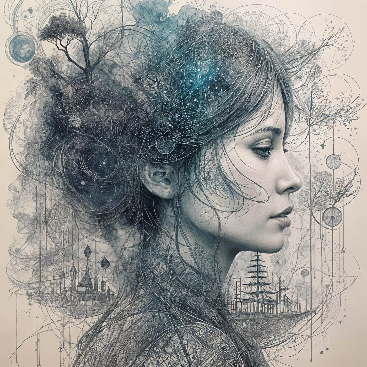 Hyperdetailed Charcoal Galaxy Cityscape with Sailing Ships