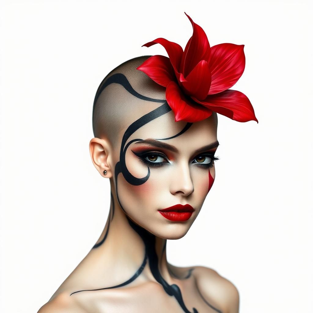 Geometric Makeup Art: Shaved Head with Red Flower