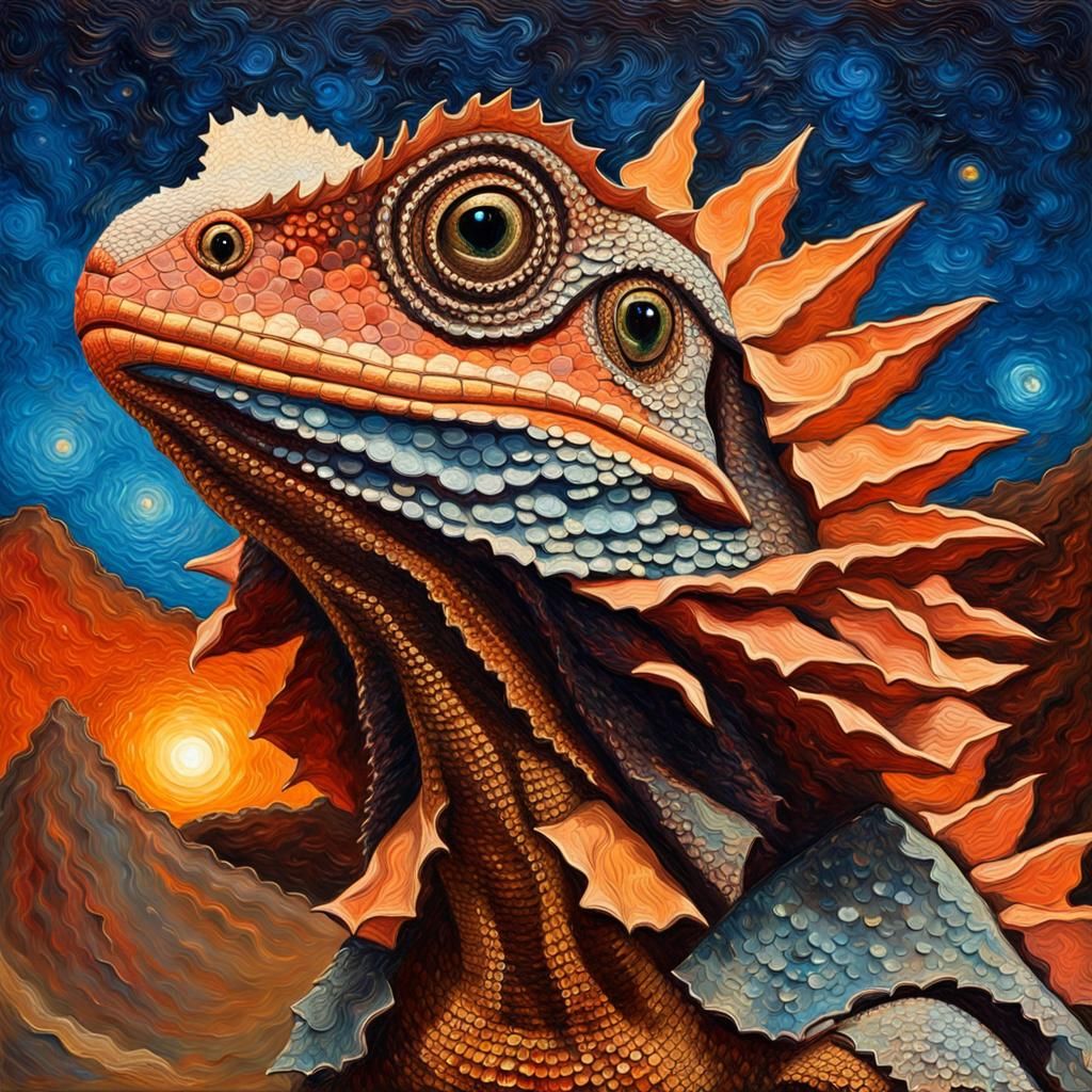 Frilled-Neck Lizard Portrait in Impasto Folk Art