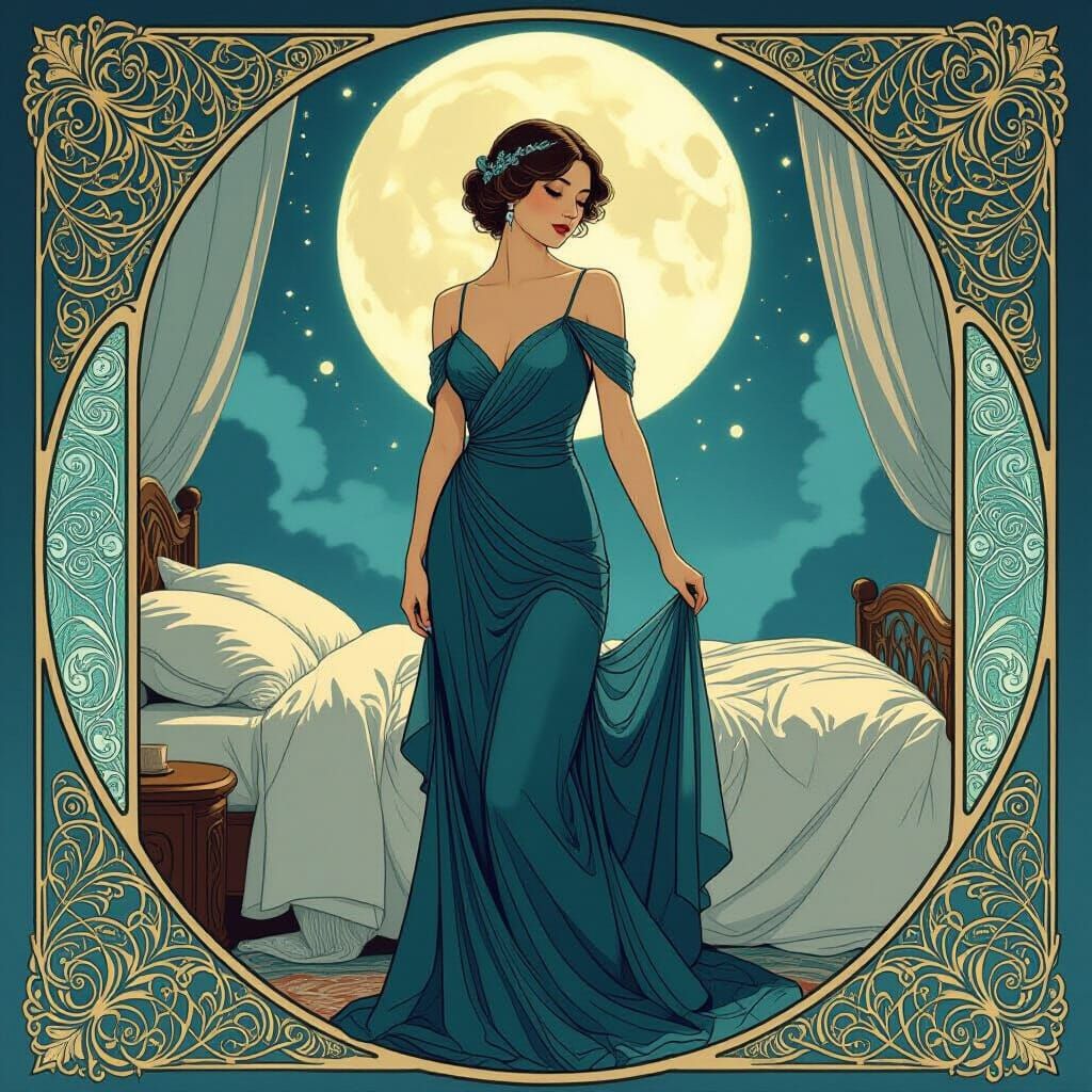 Elegant Woman in Art Nouveau Bedroom