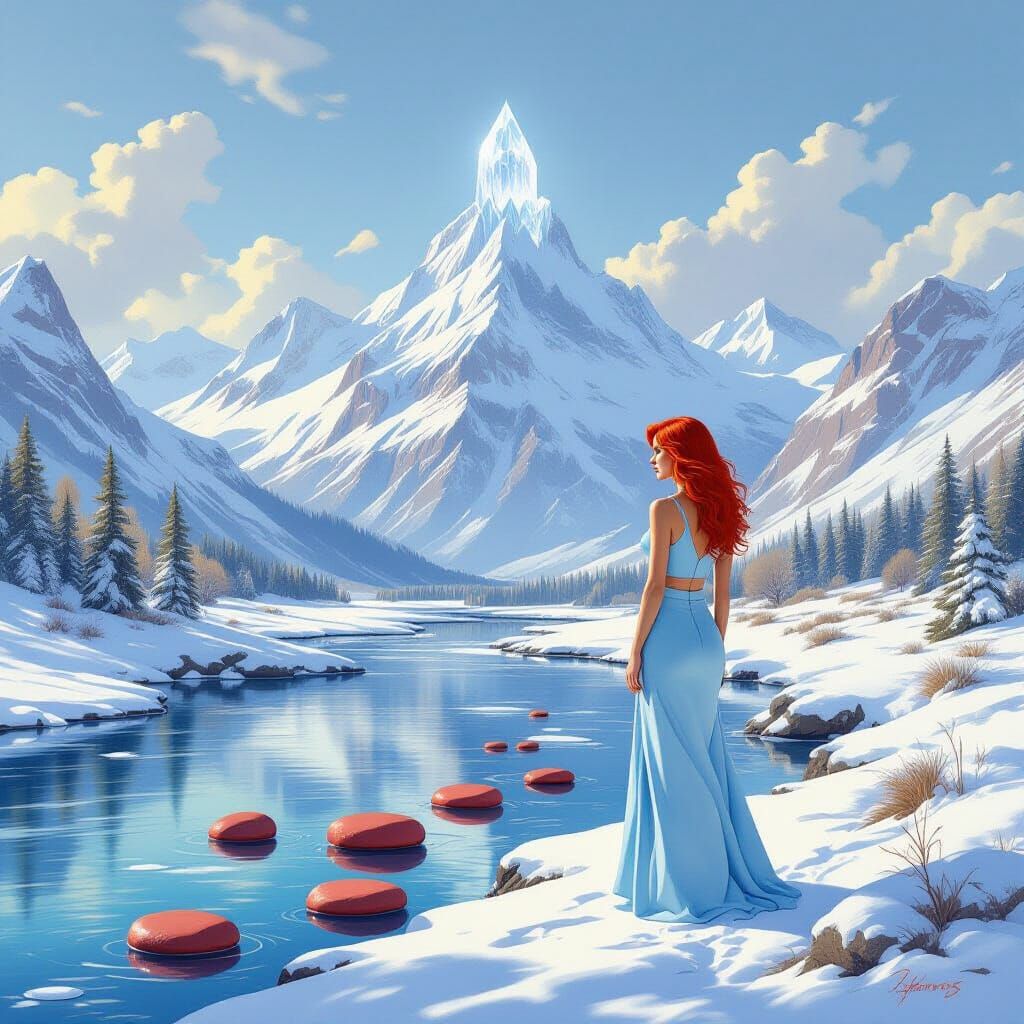 Mountain Landscape with Red-Haired Woman by Floating Stones