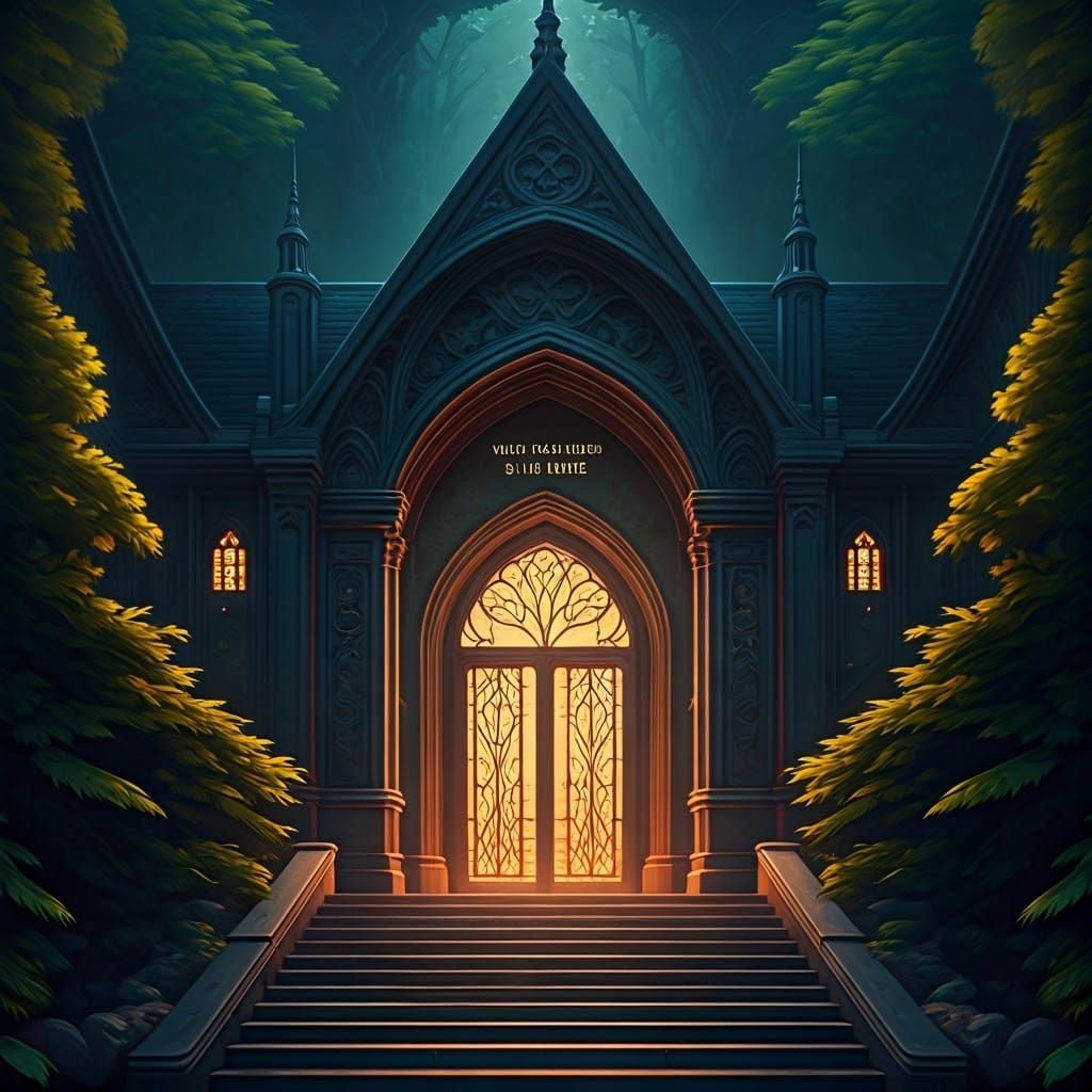 Mystical House with Golden Logo in Lush Forest