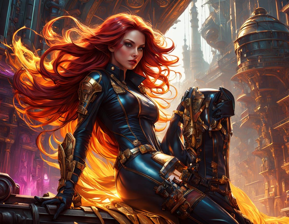 Style DC Comics: 25 year old woman with very long red hair, latex full bodysuit, over knee platform stiletto high heel b...