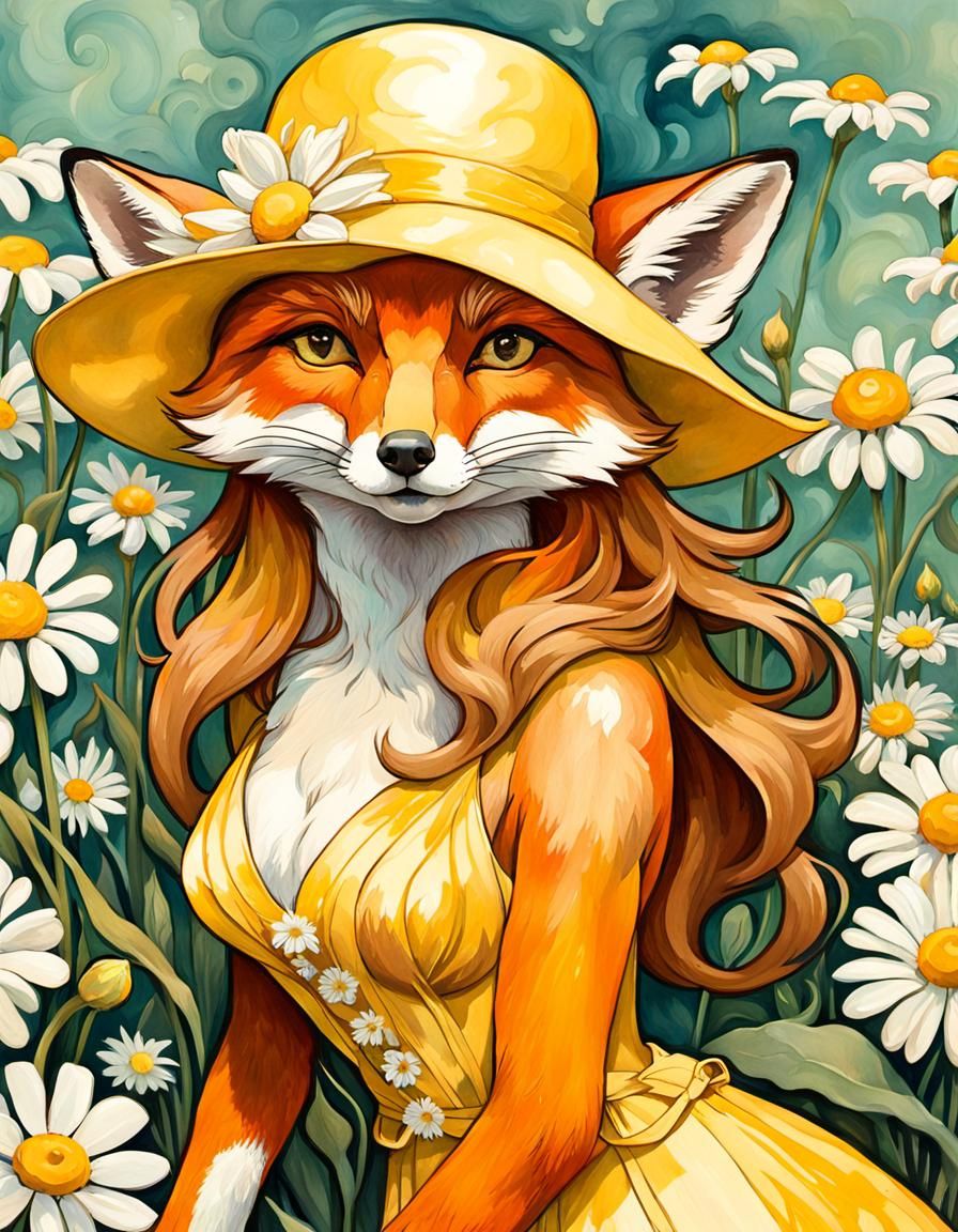 Art Nouveau Fox in Daisy Field
