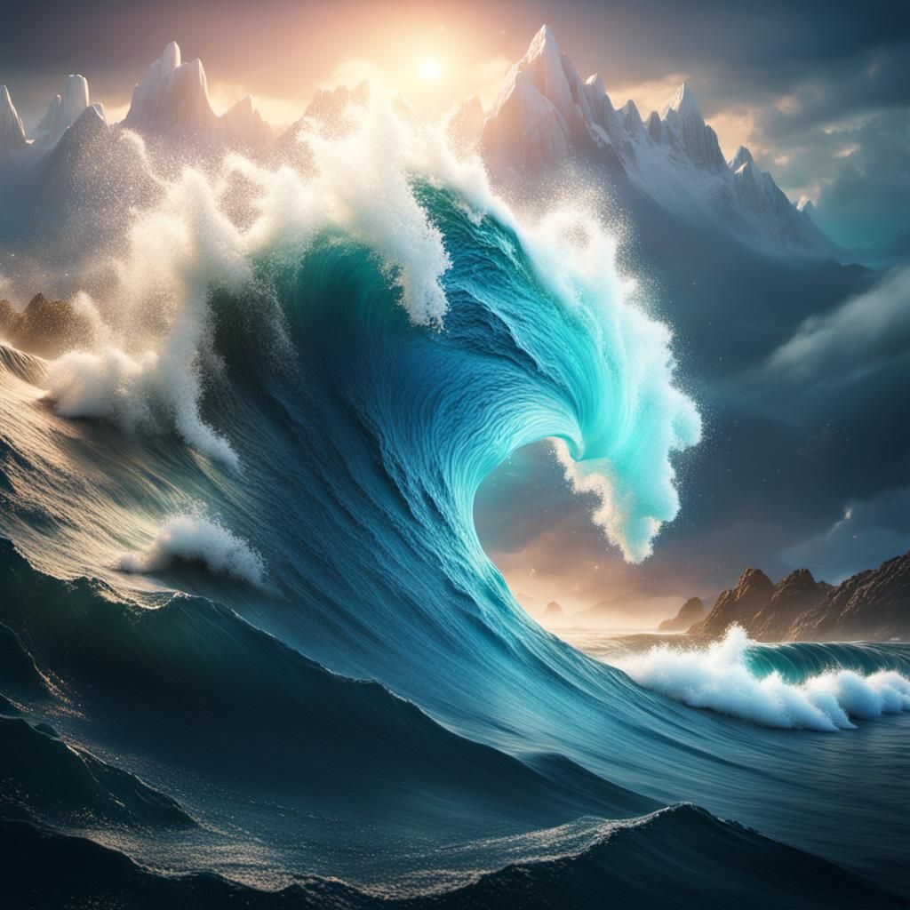 Azure Ocean Waves: Detailed Fantasy Concept Art