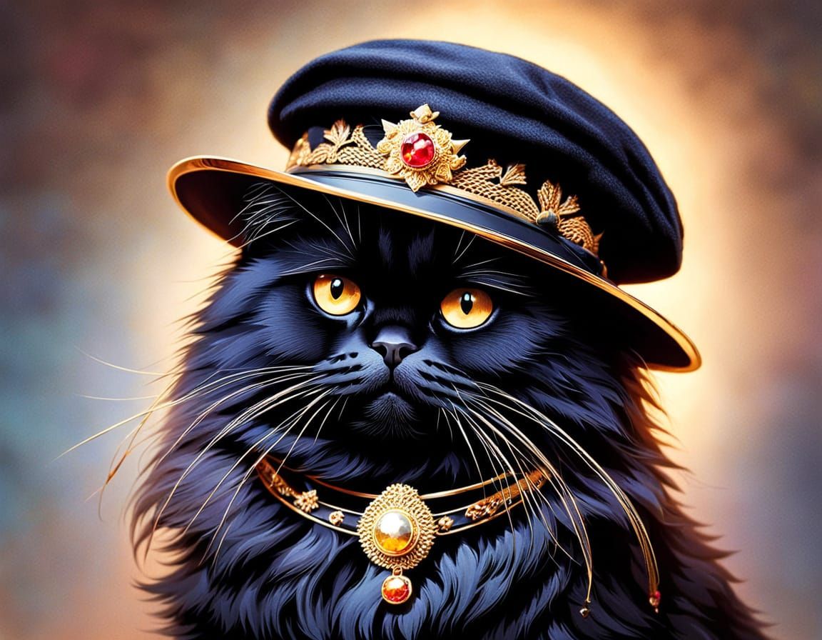 Black Persian Cat Wearing a Hat
