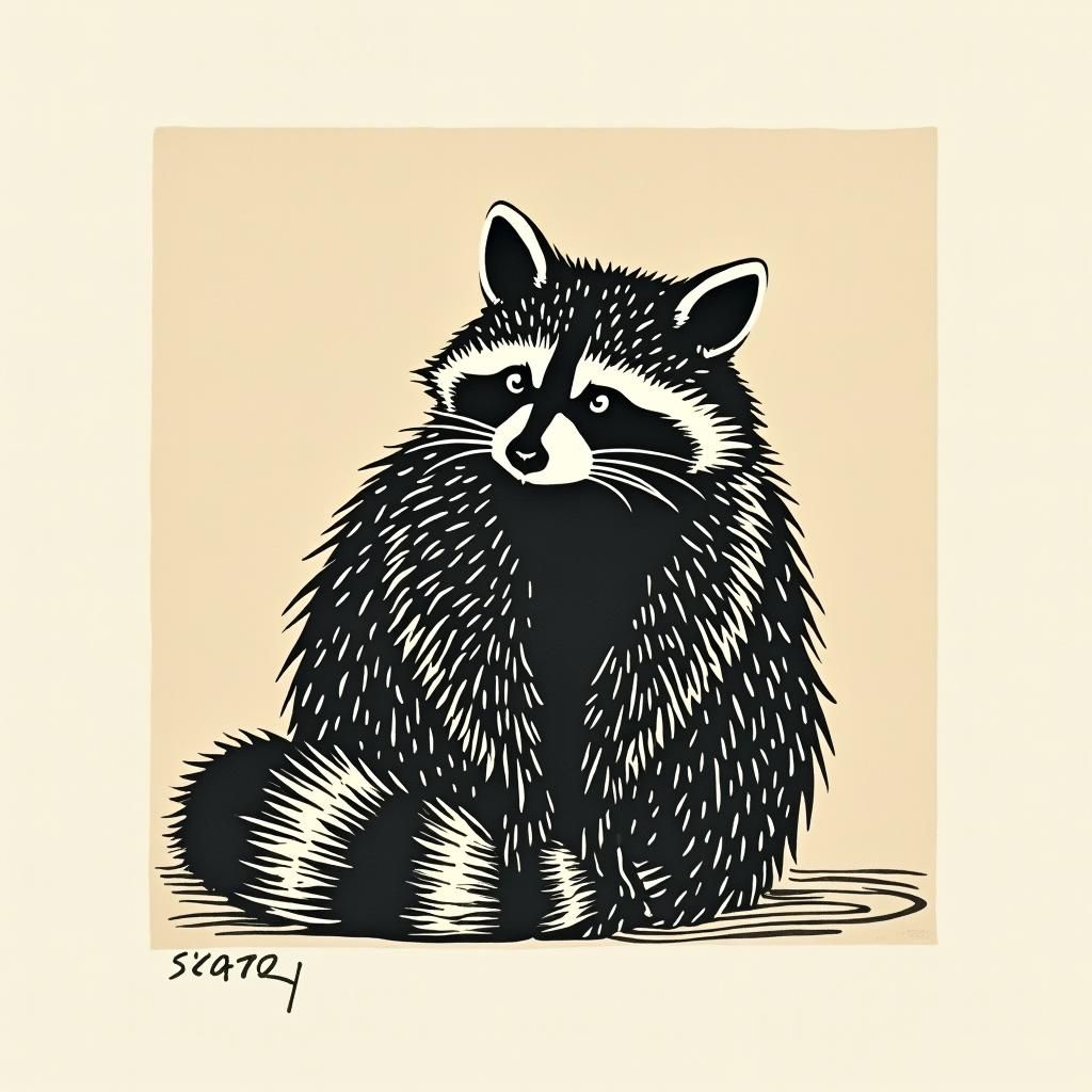 Japanese woodcut inspired raccoon wrapped around a shoulder....