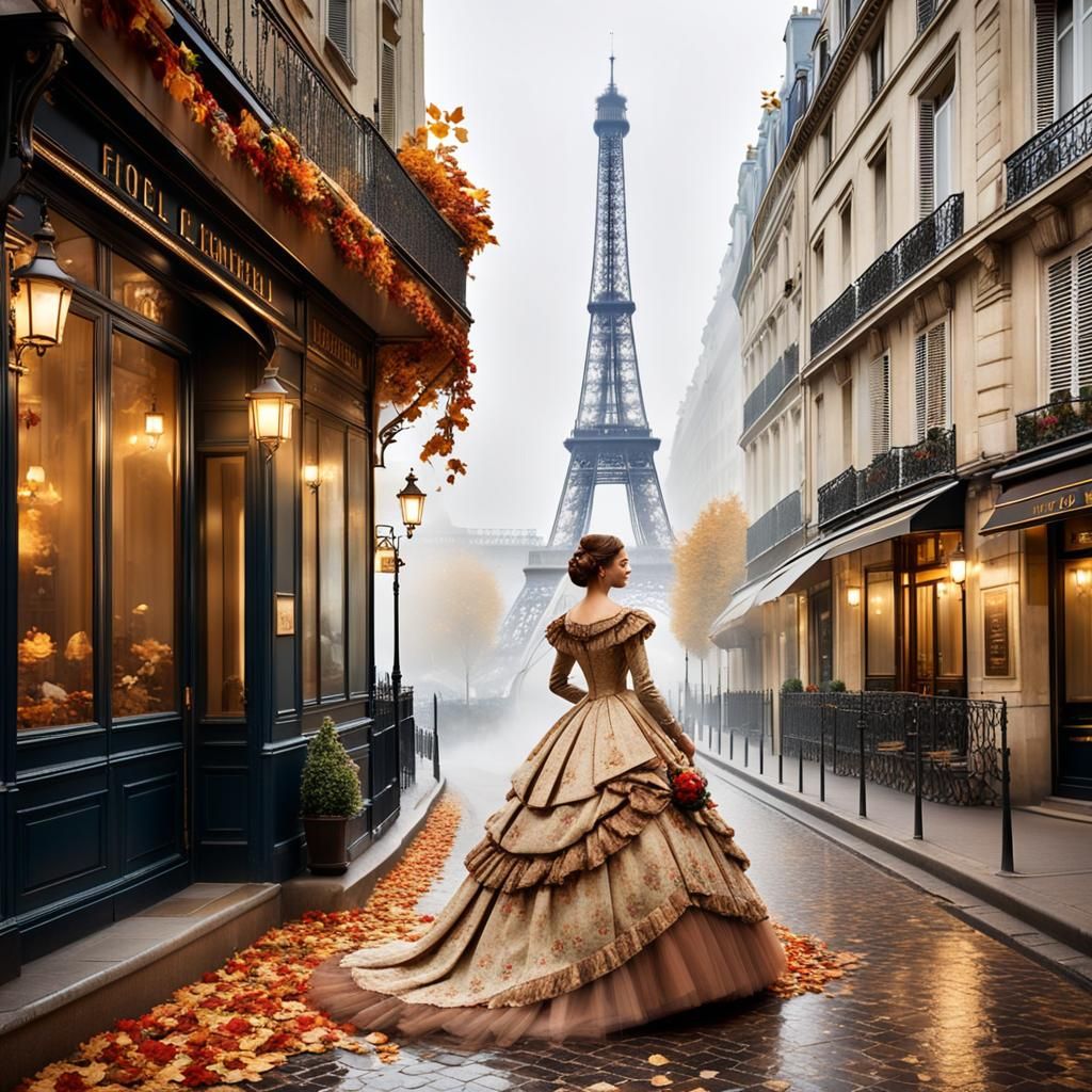Romantic 19th Century Paris Scene in Golden Autumn