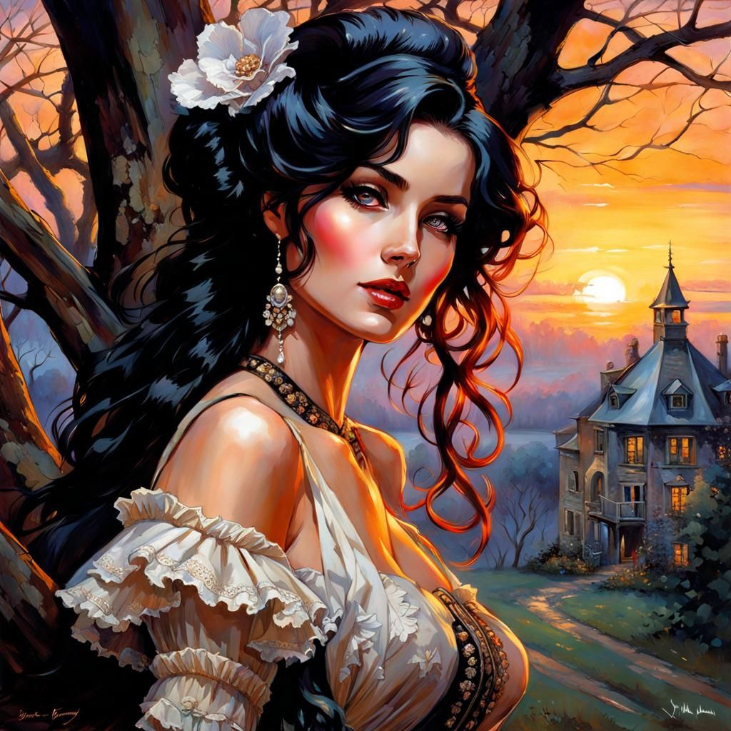 Victorian Girl at Sunset in Detailed Ink Art