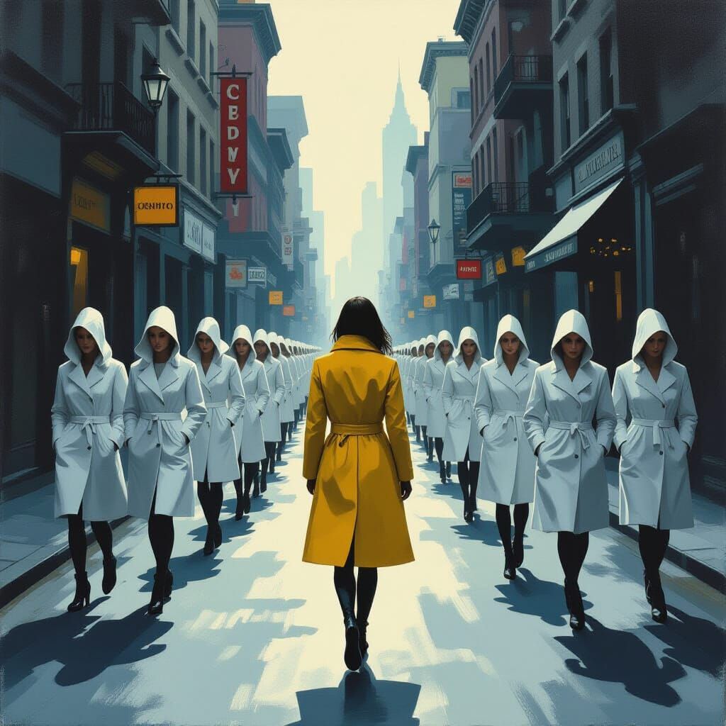 Woman in Yellow Coat Amidst White Coats in Surreal Style