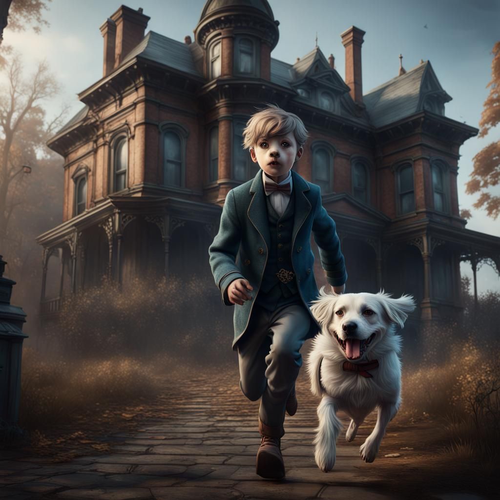 Ghost Boy and Dog Running to Victorian Mansion