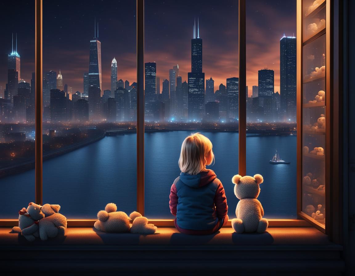 Chicago Night Skyline Through Frosty Window