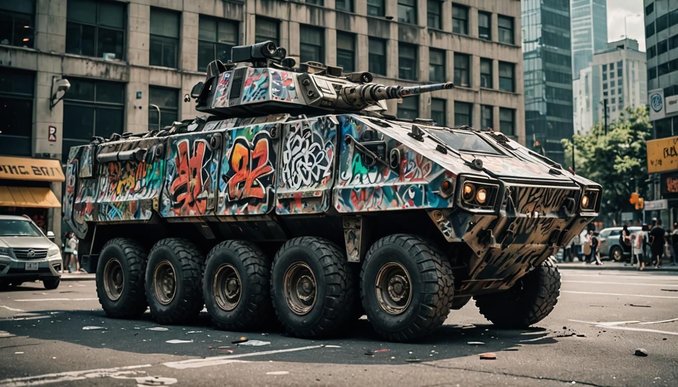 Graffiti APC in Cityscape: Cinematic Film Still