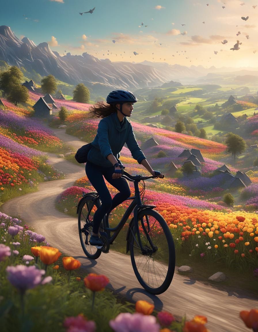 Woman Cycling Through Spring Flowers: Matte Painting