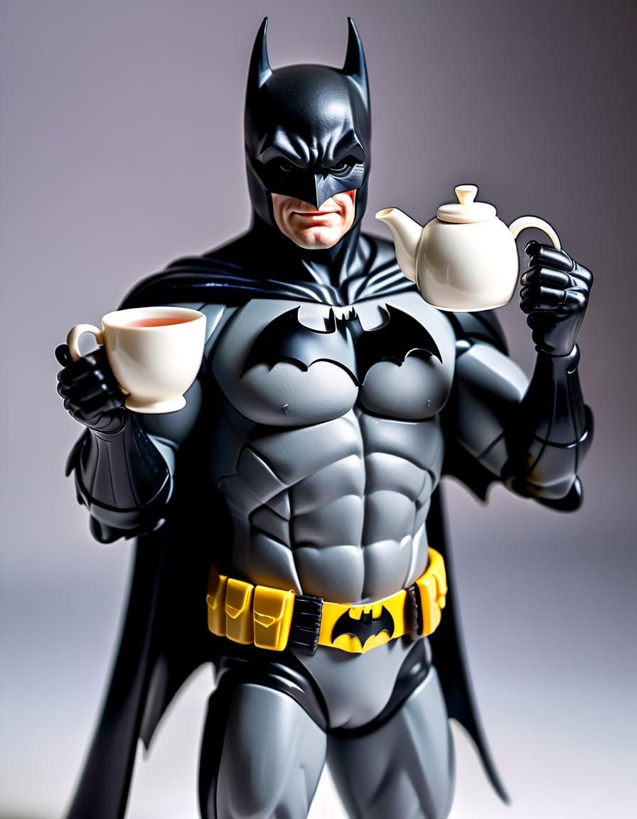 Batman Action Figure Offers Tea, Hyperrealistic Style