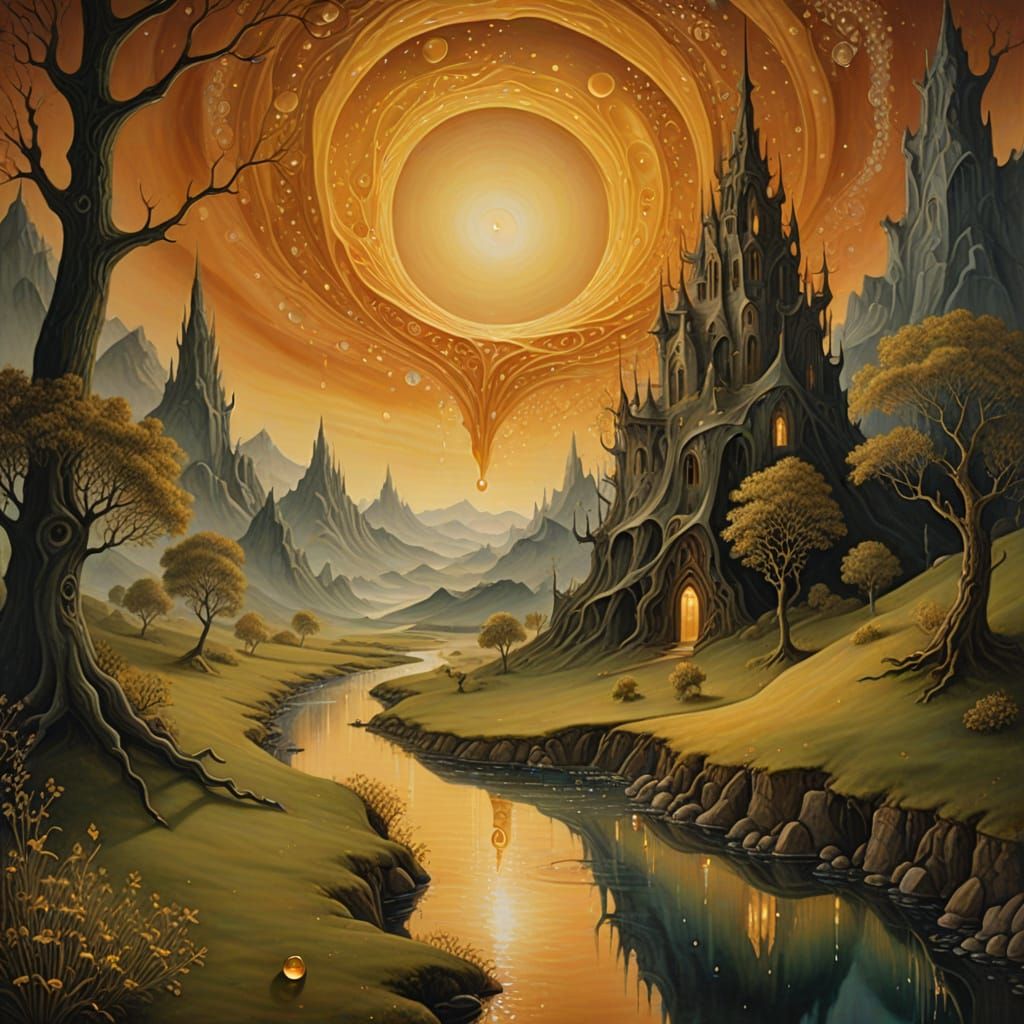 Surrealist Golden Syrup Flows Onto Serene Landscape