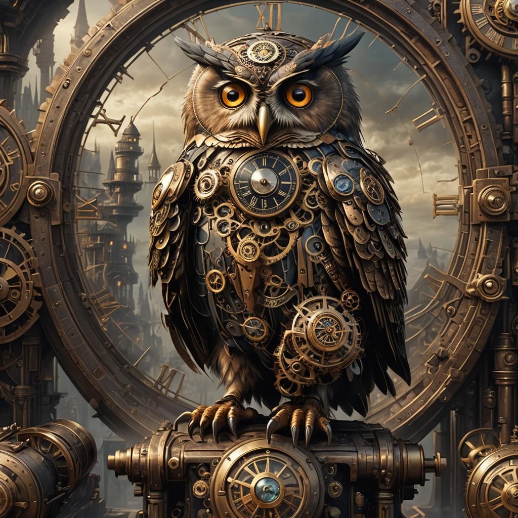 Steampunk Clockwork Owl in a Magical D&D World