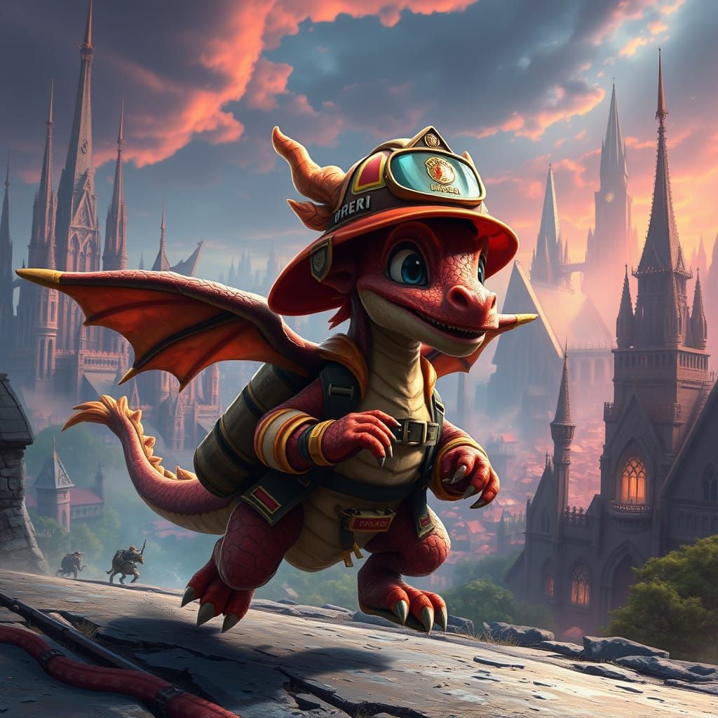 Young Dragon Rushes to Mystic Fire School in Vibrant Fantasy...