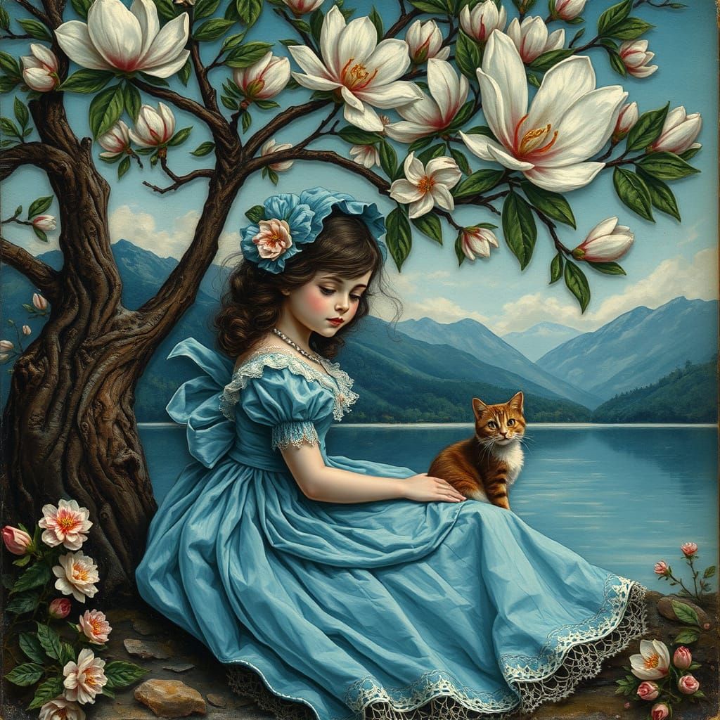 Surreal Victorian Girl Sits Under Magnolia Tree in the Mount...
