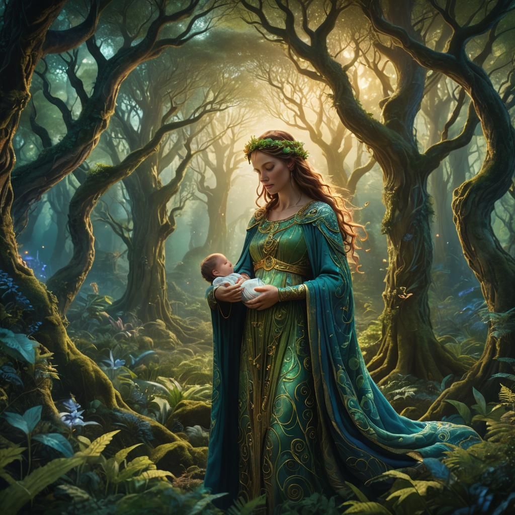 Brighid Goddess Guiding Childbirth in Enchanting Forest