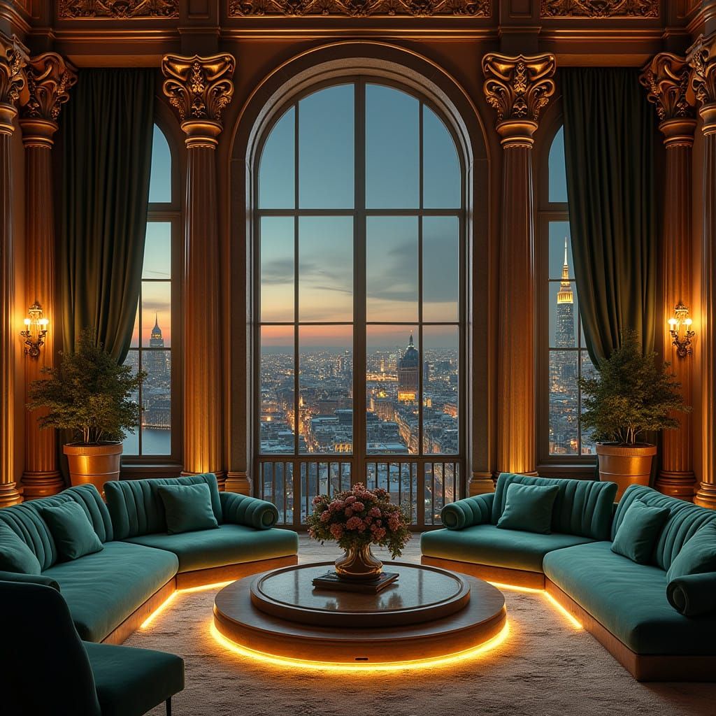 Elegant Luxury Estate at Dusk with Golden Cityscape