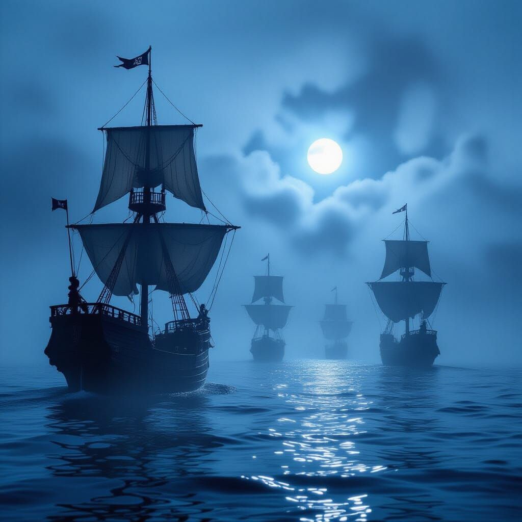 Eerie Pirate Ships in Misty Midsummer Night Seascape