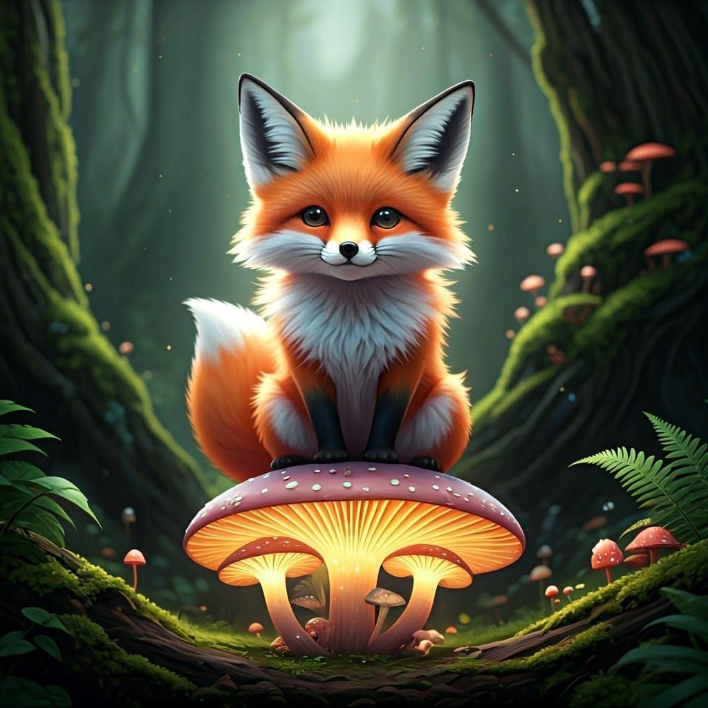 Kawaii Fox on Mushroom in Fantasy Forest