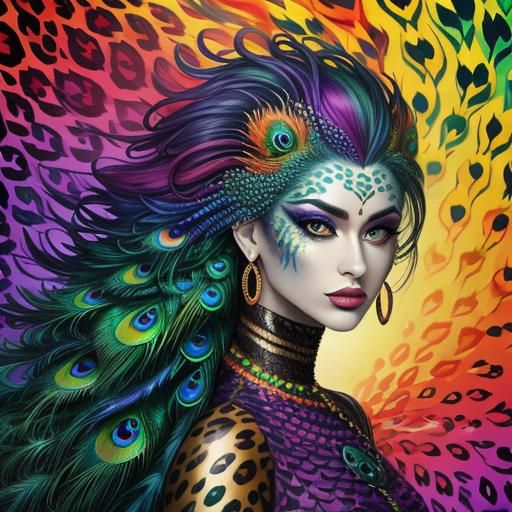 Rainbow Dragon Woman: Abstract Portrait in Complementary Col...