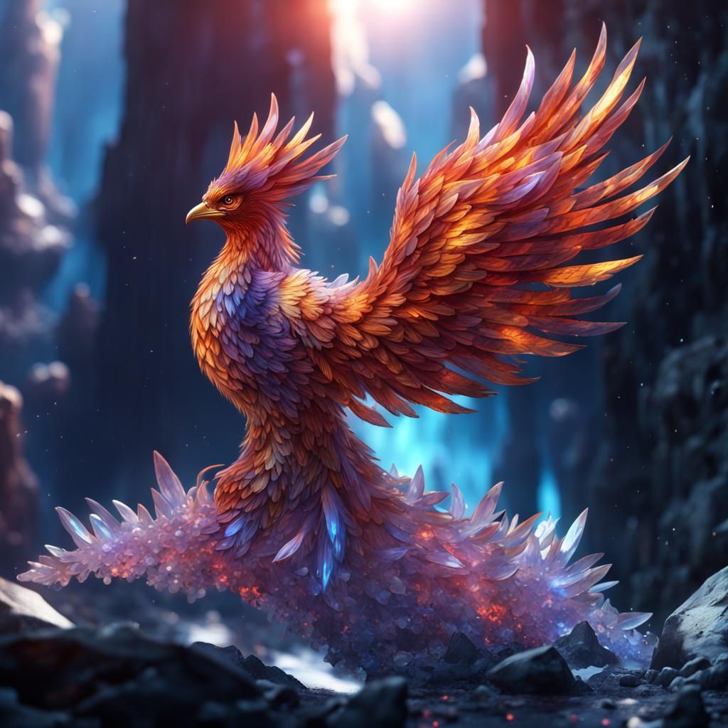 Crystalline Phoenix in Crystal Cave: Fantasy Concept Art