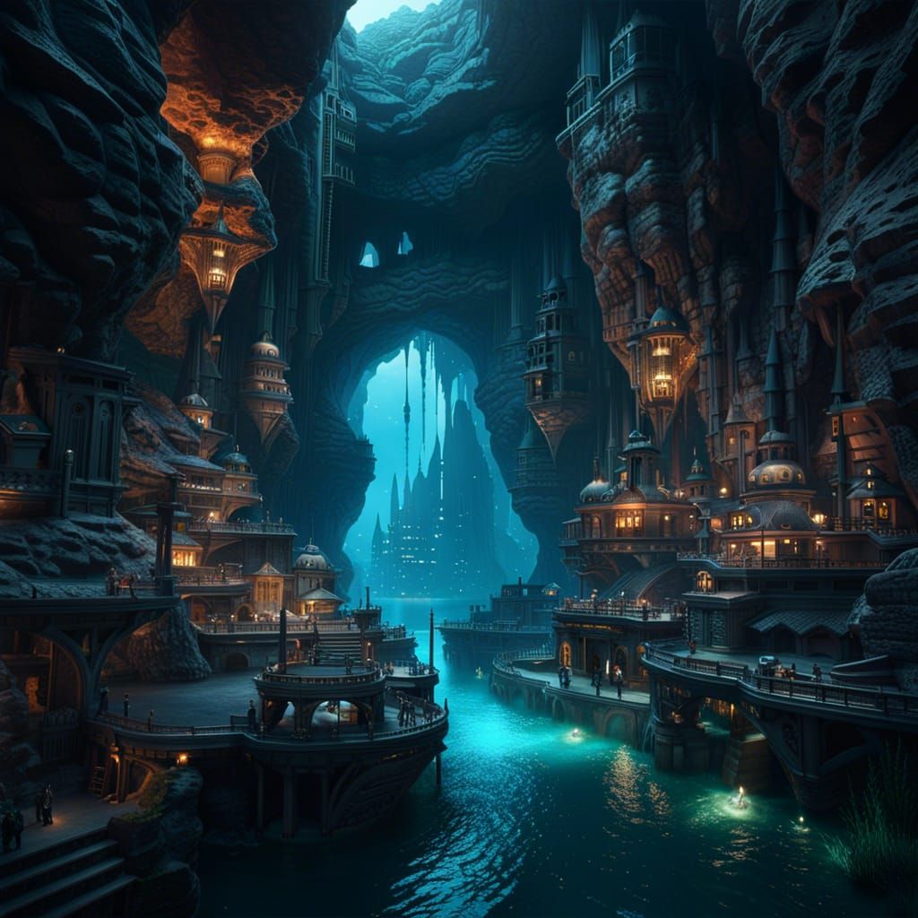 Underwater City in Colossal Cavern: Photorealistic Hyperreal...