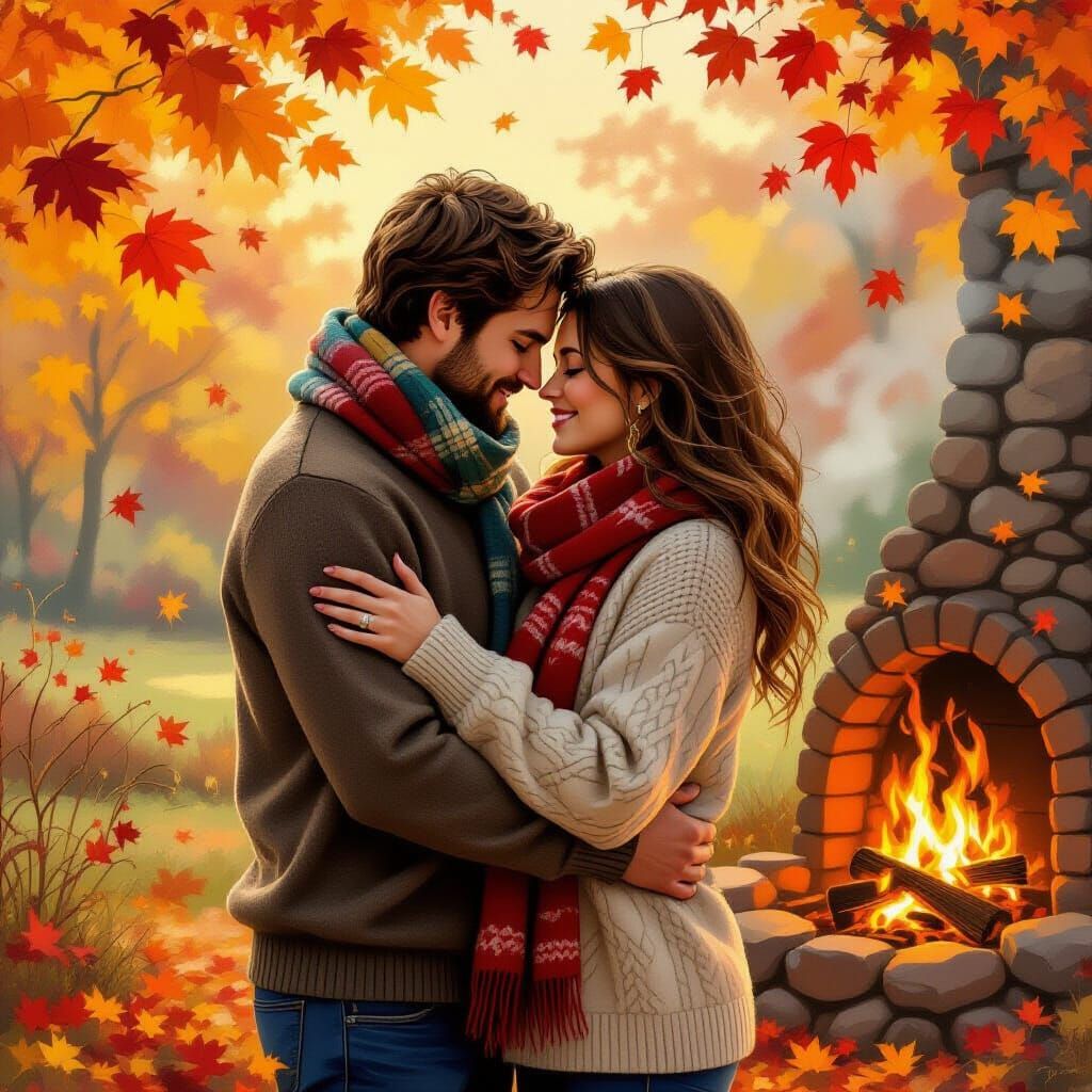 Romantic Autumn Embrace by Firelight